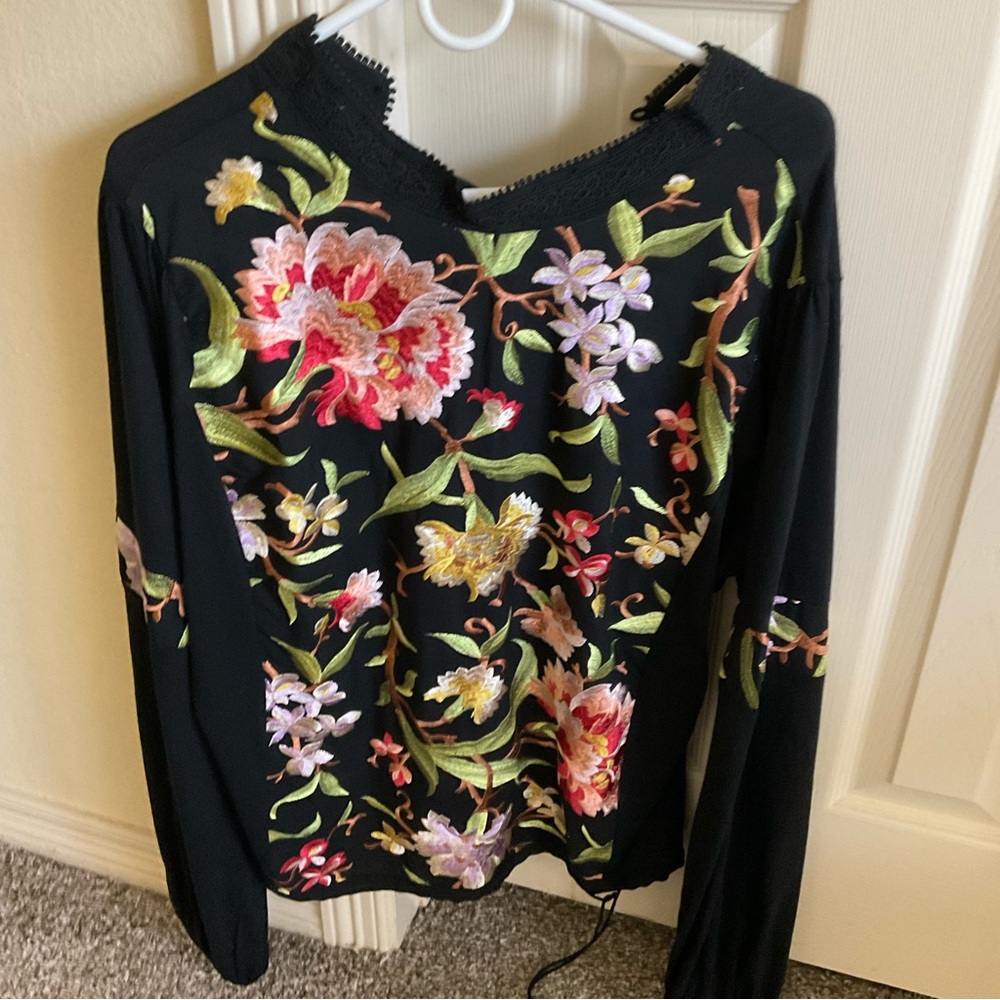 Anthropologie Black Floral Stitched Blouse